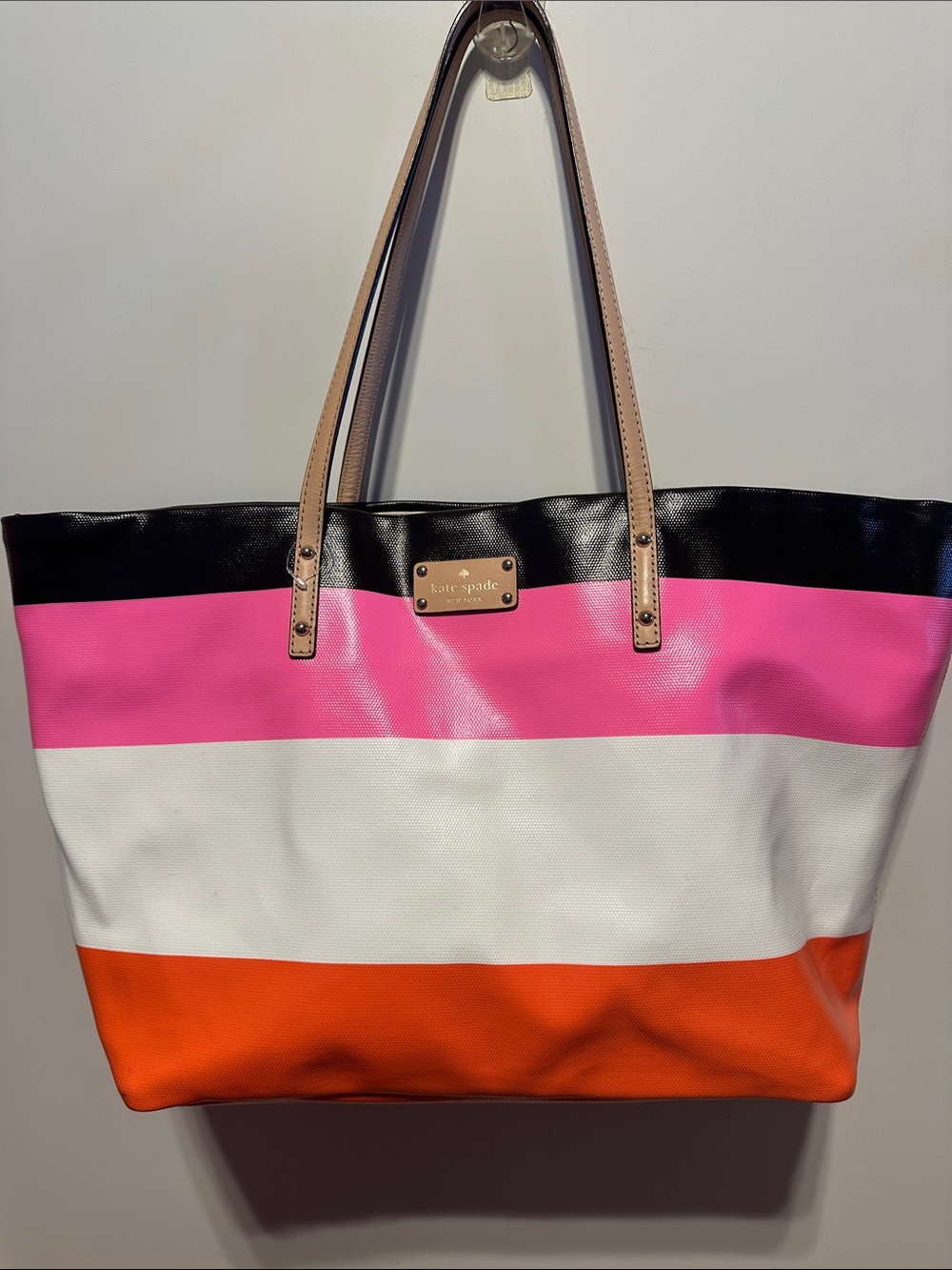 Kate Spade Pink/Black/White/Orange Striped Leather Tote pre-loved great con